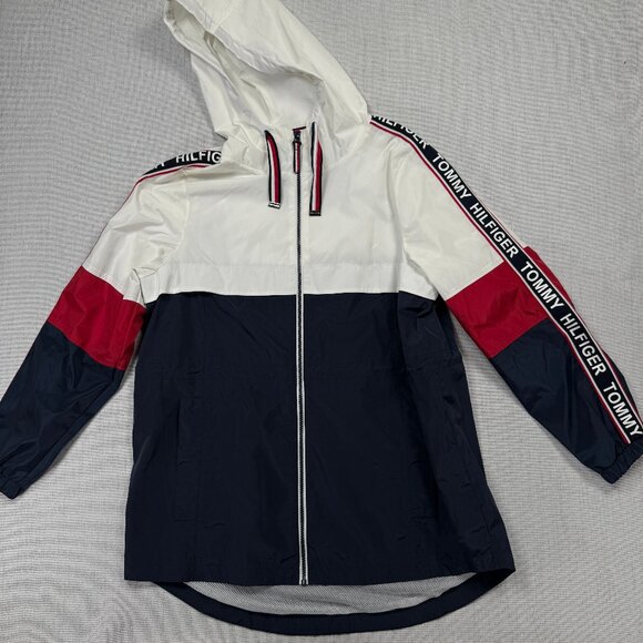 Tommy Hilfiger Windbreaker Jacket Colorblock Navy Red White Zip Front Size S - Picture 1 of 9